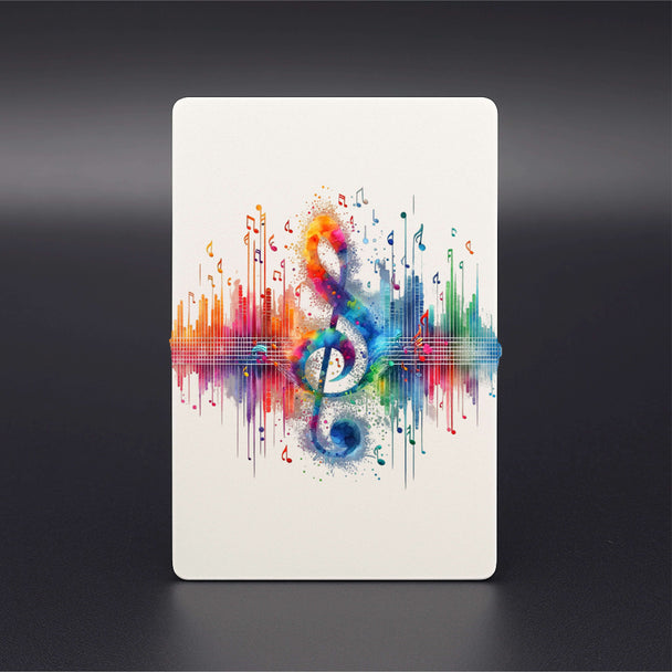 Notenschlüssel mit Regenbogen-Equalizer und Musiknoten – Modernes Musikmotiv für Aluminiumkarte