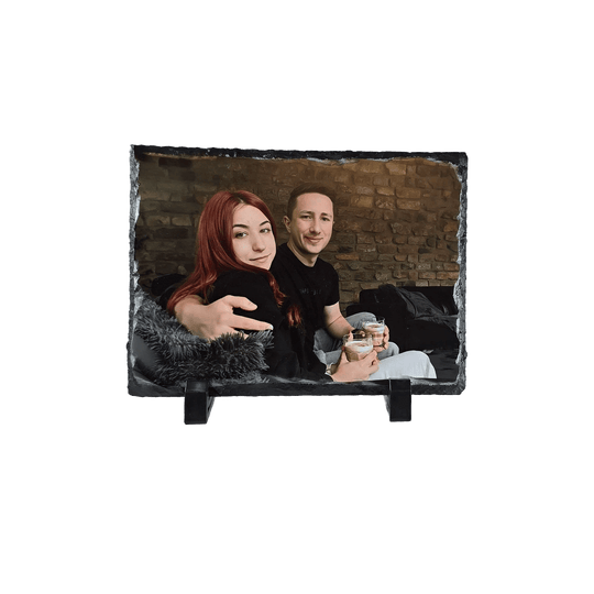Personalisierbare Schieferplatte 15x20 cm mit Foto und Aufsteller, handgefertigt aus Naturstein