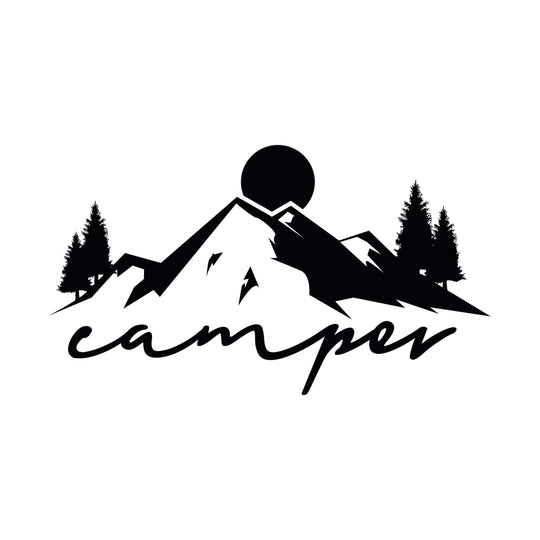 Outdoor Sticker Design mit Bergsilhouette und Schriftzug Abenteuer beginnt