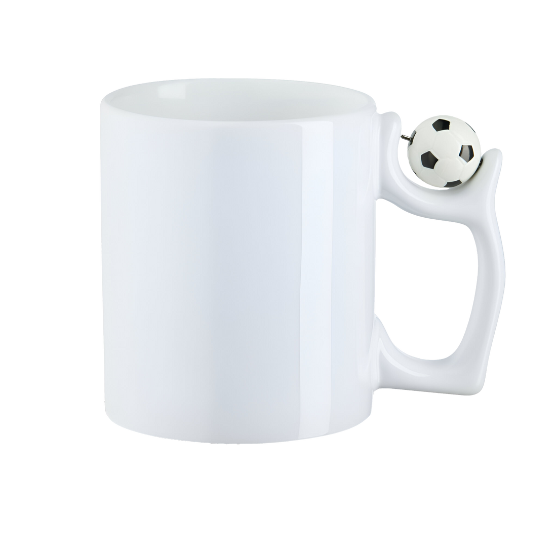 Fußball-Tasse mit drehbarem Mini-Ball – Vorderansicht, personalisierbar