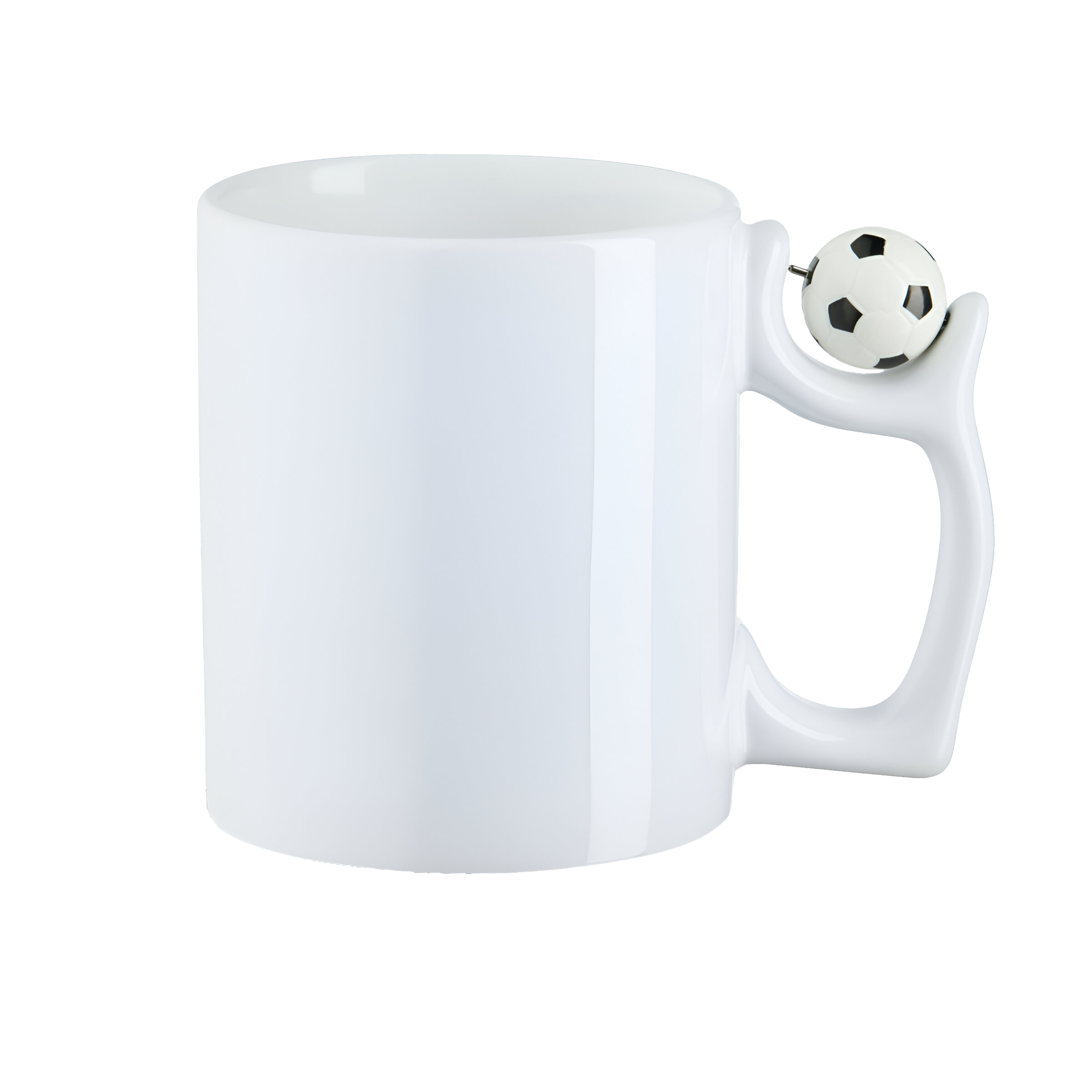 Fußball-Tasse mit drehbarem Mini-Ball – Vorderansicht, personalisierbar