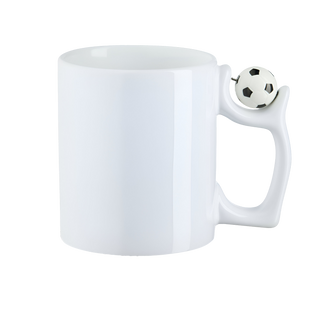Fußball-Tasse mit drehbarem Mini-Ball – Vorderansicht, personalisierbar