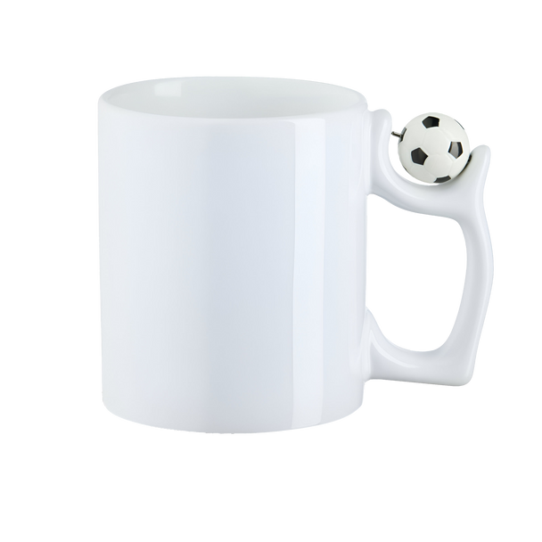 Fußball-Tasse mit drehbarem Mini-Ball – Vorderansicht, personalisierbar