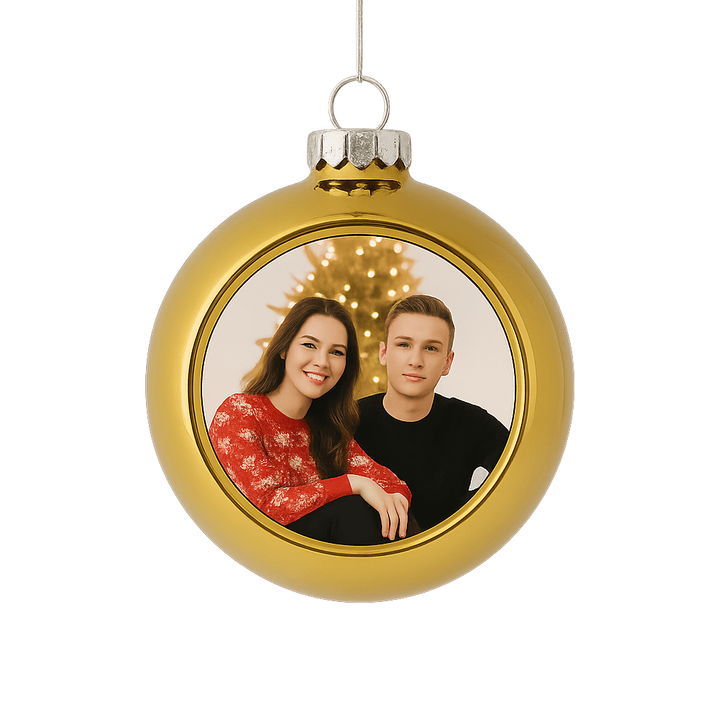 Goldene Weihnachtskugel mit Foto und austauschbarer Metallplatte