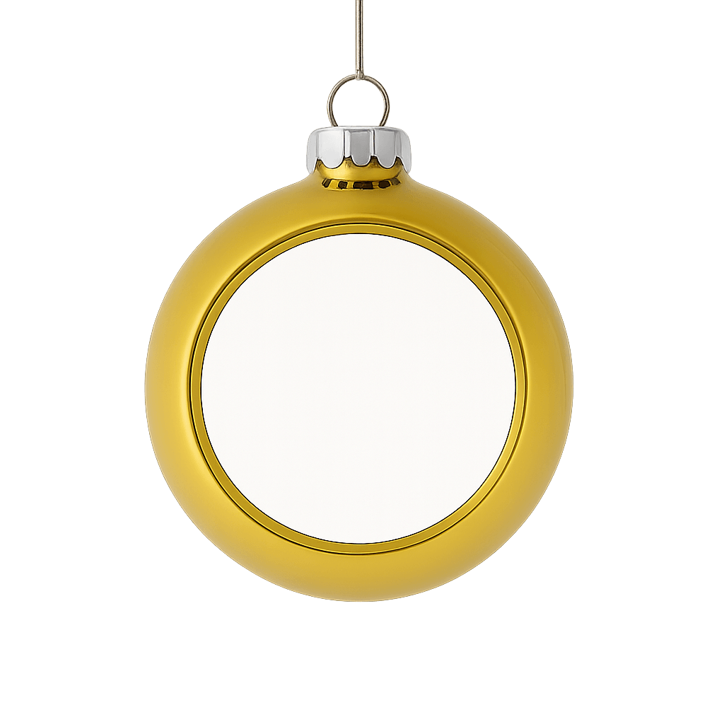 Personalisierte goldene Weihnachtskugel mit Foto – Vorderansicht auf weißem Hintergrund