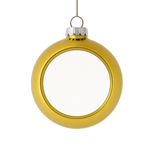 Personalisierte goldene Weihnachtskugel mit Foto – Vorderansicht auf weißem Hintergrund