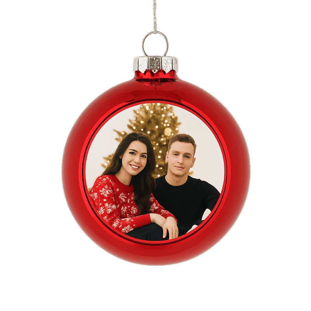 Rote personalisierte Christbaumkugel mit Foto, glänzende Weihnachtsdekoration vor weißem Hintergrund