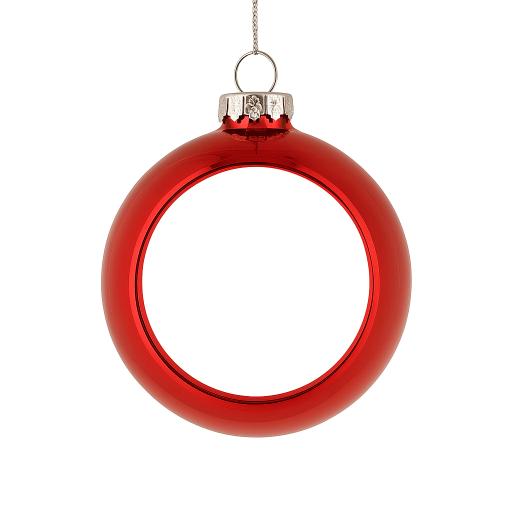 Rote personalisierte Christbaumkugel ohne Foto, glänzendes Weihnachtsornament vor weißem Hintergrund
