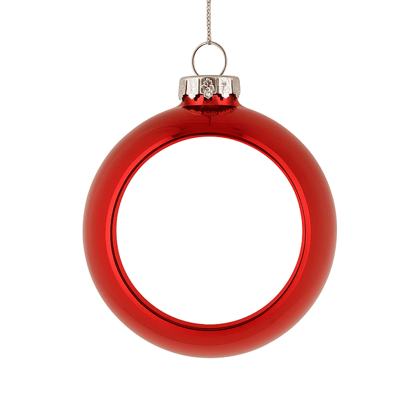 Rote personalisierte Christbaumkugel ohne Foto, glänzendes Weihnachtsornament vor weißem Hintergrund