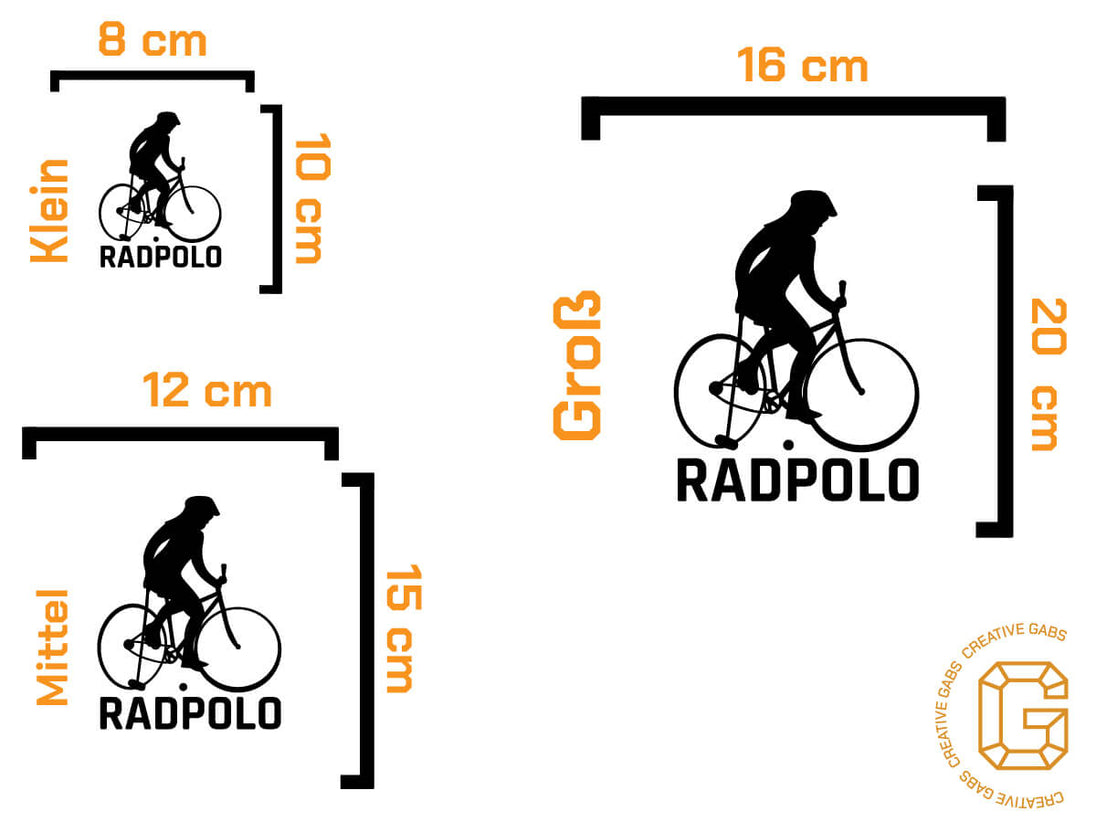 Übersicht der verfügbaren Aufklebergrößen für Radpolo Fans