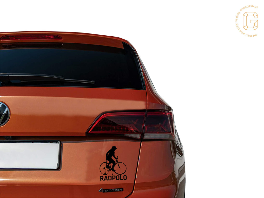 Radpolo Vinyl-Aufkleber auf orangefarbenem Auto – sportlicher Sticker für Fans
