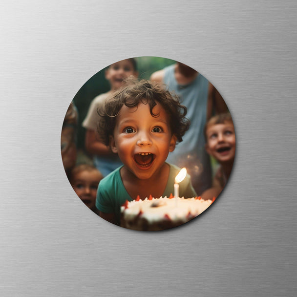 Runder Fotomagnet mit Kind beim Kerzenausblasen – perfekte Erinnerung an den Geburtstag